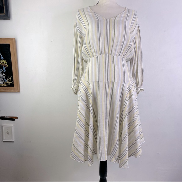 ATM Striped Long Sleeve Linen Skater Skirt Dress NWT Size 4 - Picture 2 of 11